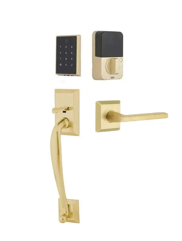 Emtek EMPowered 2 Touch Entry Set with Franklin Grip and Helios Lever Satin Brass