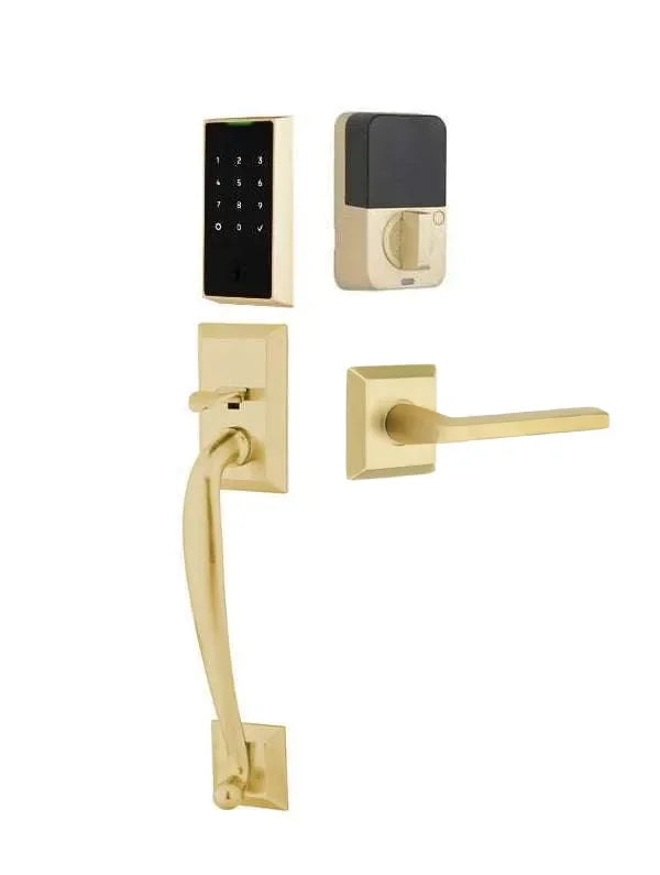 Emtek EMPowered 2 Touch Entry Set with Franklin Grip and Helios Lever Satin Brass