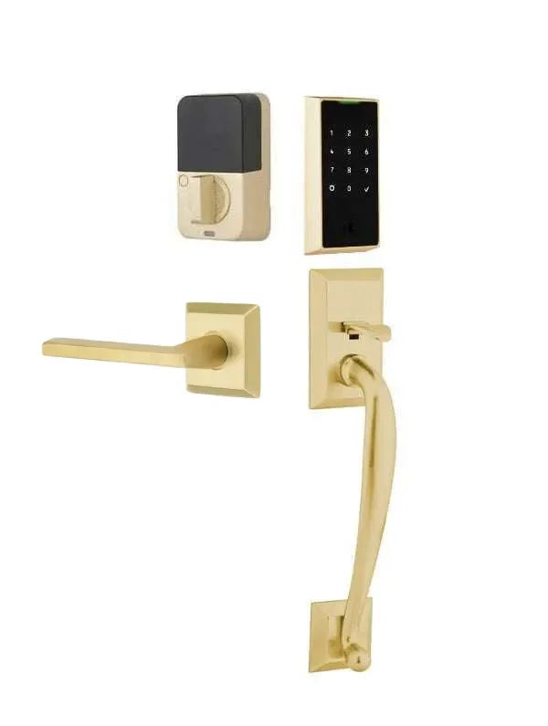 Emtek EMPowered 2 Touch Entry Set with Franklin Grip and Helios Lever Satin Brass