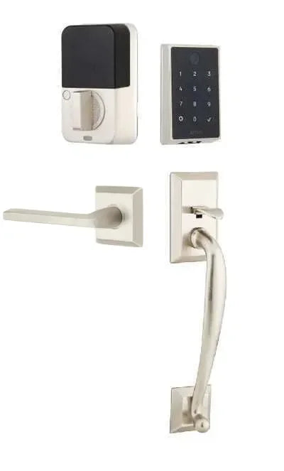 Emtek EMPowered 2 Touch Entry Set with Franklin Grip and Helios Lever Satin Nickel