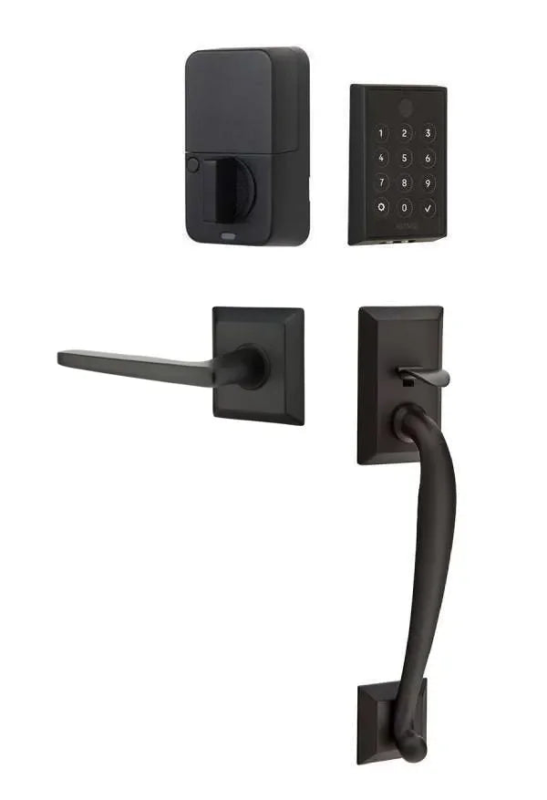 Emtek EMPowered 2 Touch Entry Set with Franklin Grip and Hermes Lever Flat Black