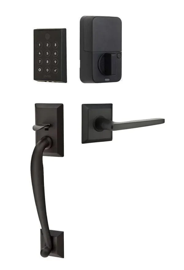 Emtek EMPowered 2 Touch Entry Set with Franklin Grip and Hermes Lever Flat Black