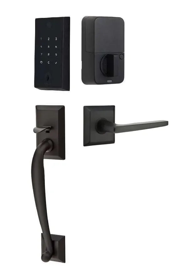 Emtek EMPowered 2 Touch Entry Set with Franklin Grip and Hermes Lever Flat Black