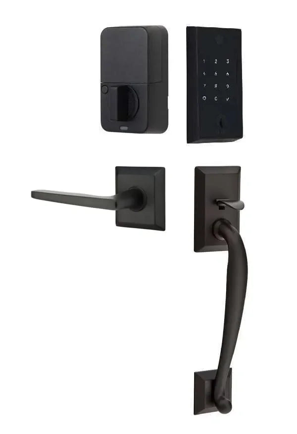 Emtek EMPowered 2 Touch Entry Set with Franklin Grip and Hermes Lever Flat Black