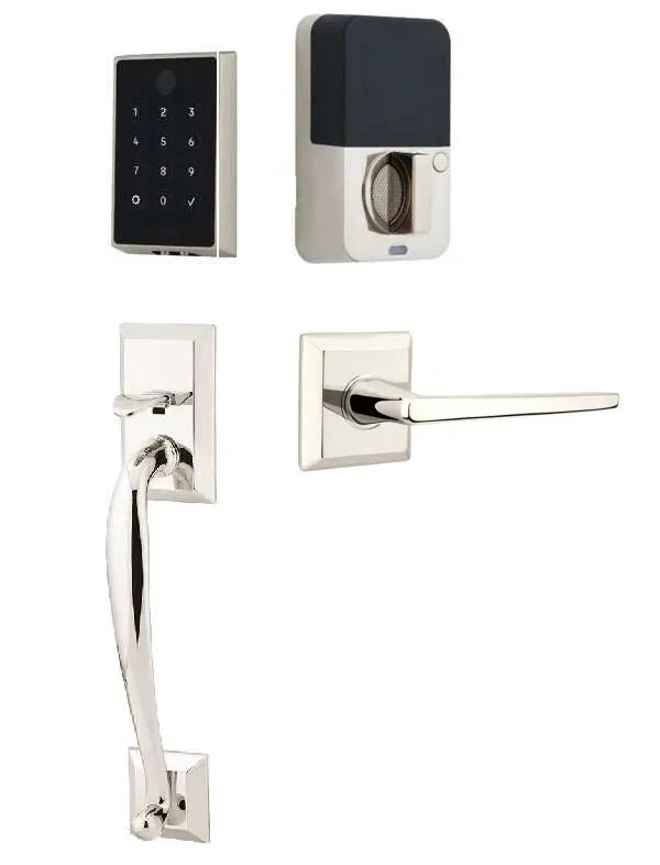 Emtek EMPowered 2 Touch Entry Set with Franklin Grip and Hermes Lever Lifetime Polished Nickel