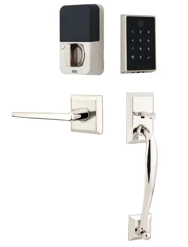 Emtek EMPowered 2 Touch Entry Set with Franklin Grip and Hermes Lever Lifetime Polished Nickel