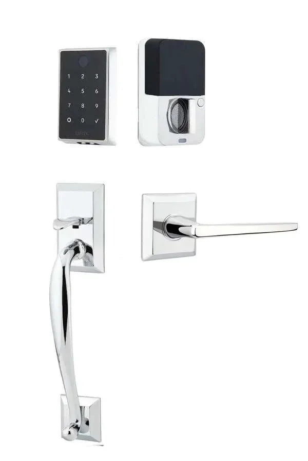 Emtek EMPowered 2 Touch Entry Set with Franklin Grip and Hermes Lever Polished Chrome