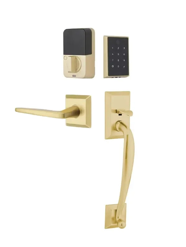Emtek EMPowered 2 Touch Entry Set with Franklin Grip and Hermes Lever Satin Brass