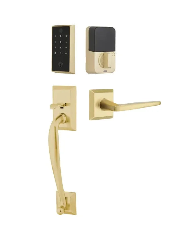 Emtek EMPowered 2 Touch Entry Set with Franklin Grip and Hermes Lever Satin Brass