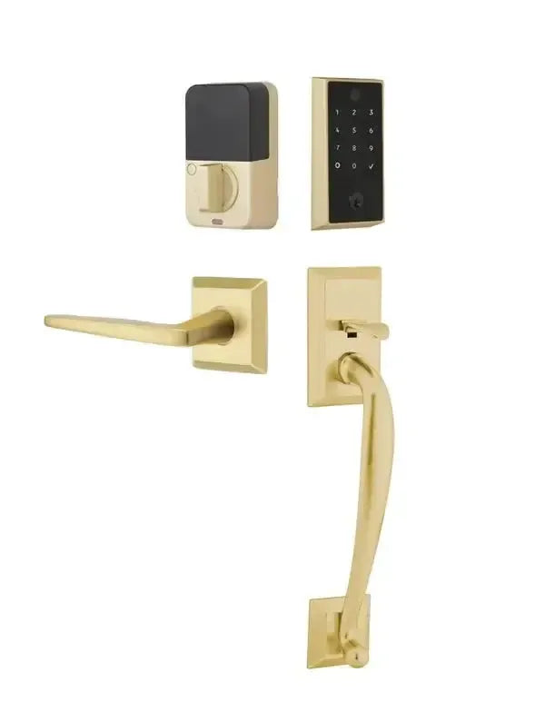 Emtek EMPowered 2 Touch Entry Set with Franklin Grip and Hermes Lever in Satin Brass finish