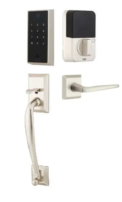 Emtek EMPowered 2 Touch Entry Set with Franklin Grip and Hermes Lever Satin Nickel