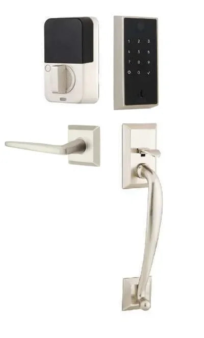 Emtek EMPowered 2 Touch Entry Set with Franklin Grip and Hermes Lever Satin Nickel