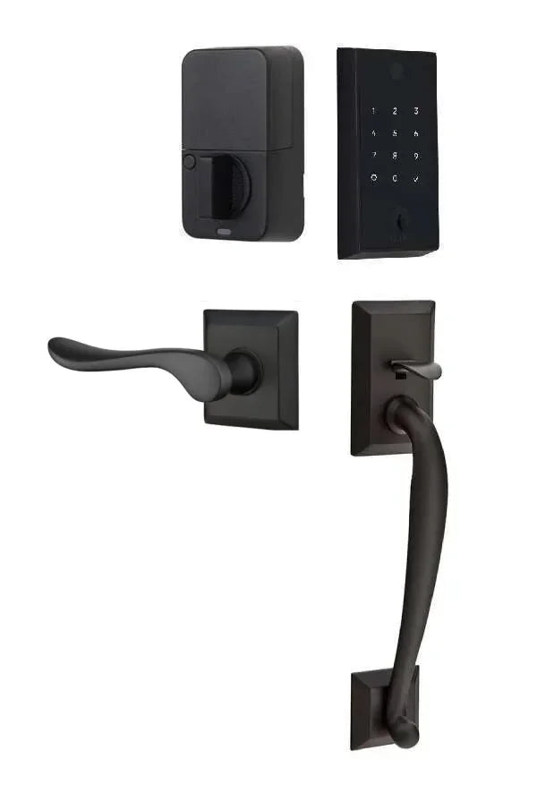 Emtek EMPowered 2 Touch Entry Set with Franklin Grip and Luzern Lever Flat Black