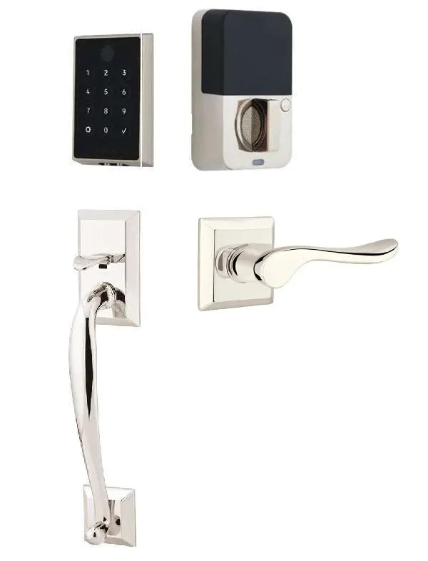 Emtek EMPowered 2 Touch Entry Set with Franklin Grip and Luzern Lever Lifetime Polished Nickel