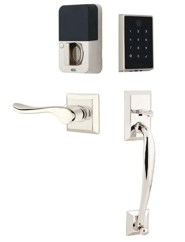 Emtek EMPowered 2 Touch Entry Set with Franklin Grip and Luzern Lever Lifetime Polished Nickel