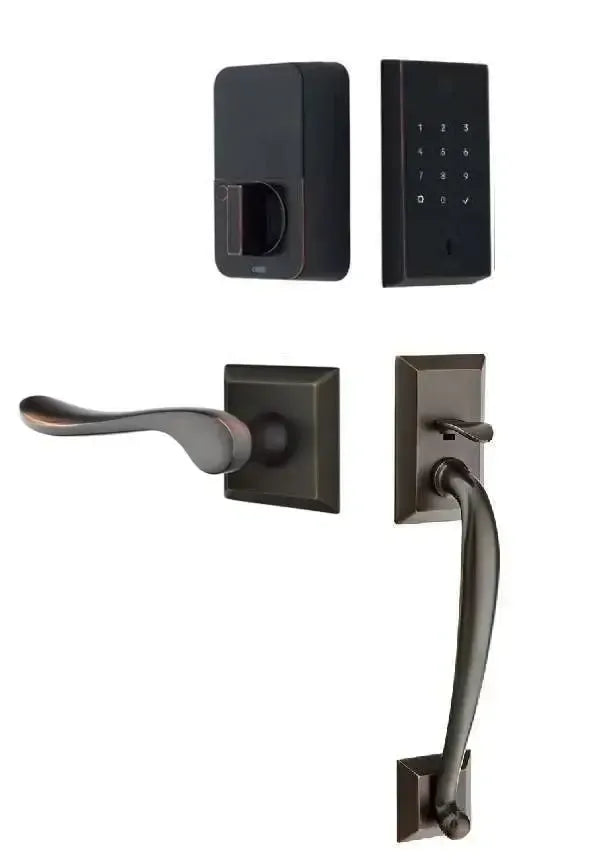 Emtek EMPowered 2 Touch Entry Set with Franklin Grip and Luzern Lever in Oil Rubbed Bronze finish