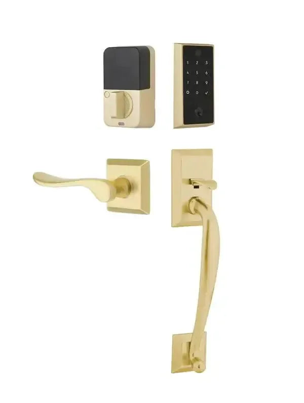 Emtek EMPowered 2 Touch Entry Set with Franklin Grip and Luzern Lever in Satin Brass finish