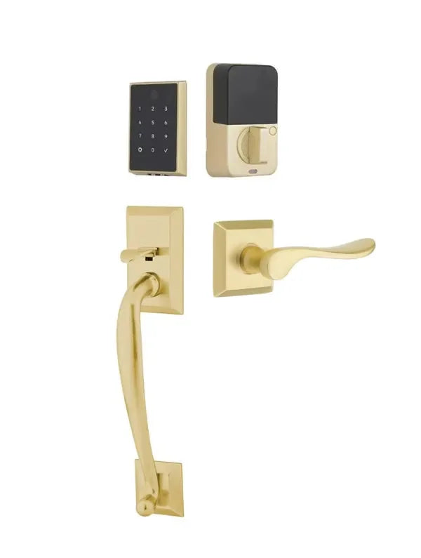 Emtek EMPowered 2 Touch Entry Set with Franklin Grip and Luzern Lever Satin Brass