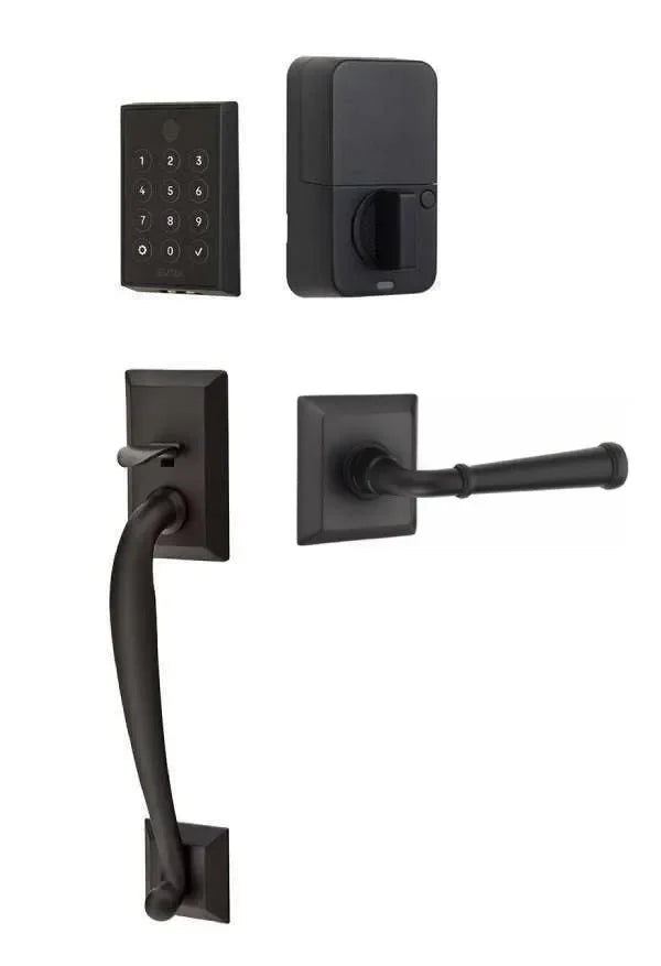 Emtek EMPowered 2 Touch Entry Set with Franklin Grip and Merrimack Lever Flat Black