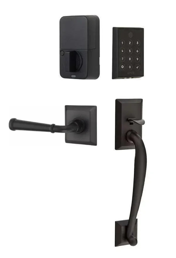 Emtek EMPowered 2 Touch Entry Set with Franklin Grip and Merrimack Lever Flat Black