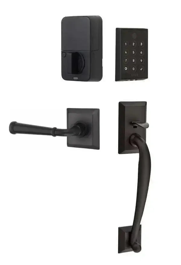 Emtek EMPowered 2 Touch Entry Set with Franklin Grip and Merrimack Lever in Flat Black finish