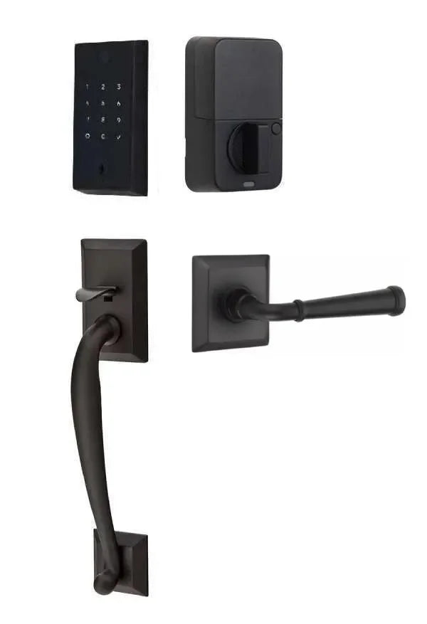 Emtek EMPowered 2 Touch Entry Set with Franklin Grip and Merrimack Lever Flat Black