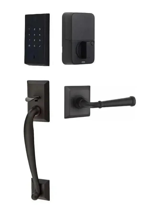 Emtek EMPowered 2 Touch Entry Set with Franklin Grip and Merrimack Lever in Flat Black finish