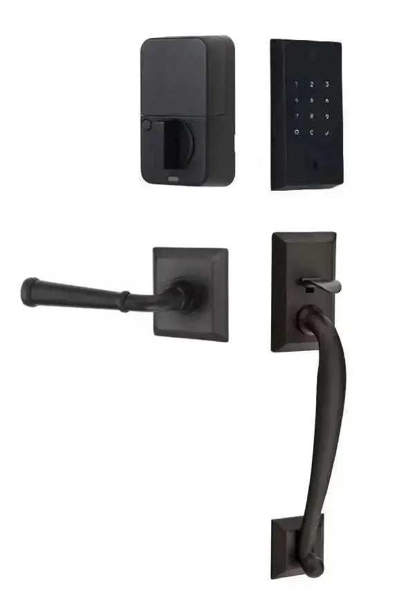 Emtek EMPowered 2 Touch Entry Set with Franklin Grip and Merrimack Lever in Flat Black finish