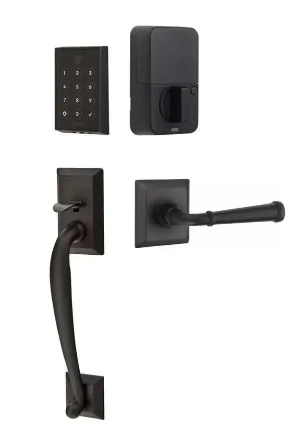 Emtek EMPowered 2 Touch Entry Set with Franklin Grip and Merrimack Lever in Flat Black finish