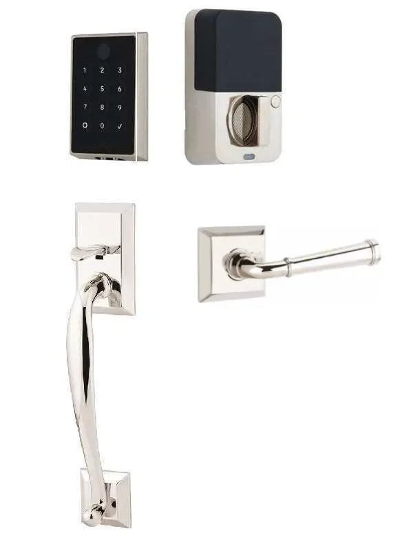 Emtek EMPowered 2 Touch Entry Set with Franklin Grip and Merrimack Lever Lifetime Polished Nickel