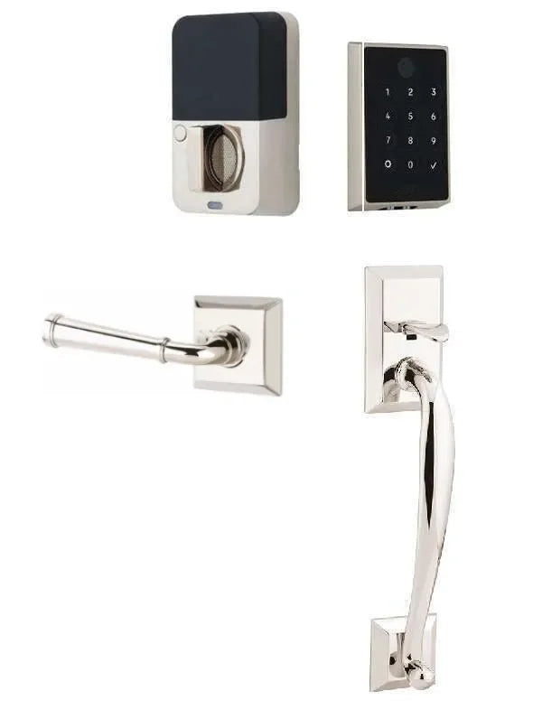 Emtek EMPowered 2 Touch Entry Set with Franklin Grip and Merrimack Lever Lifetime Polished Nickel