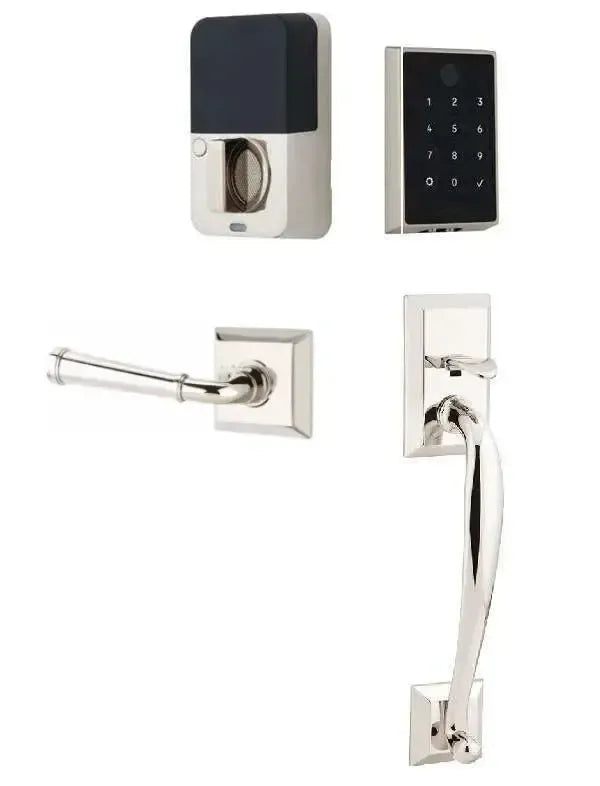 Emtek EMPowered 2 Touch Entry Set with Franklin Grip and Merrimack Lever in Lifetime Polished Nickel finish