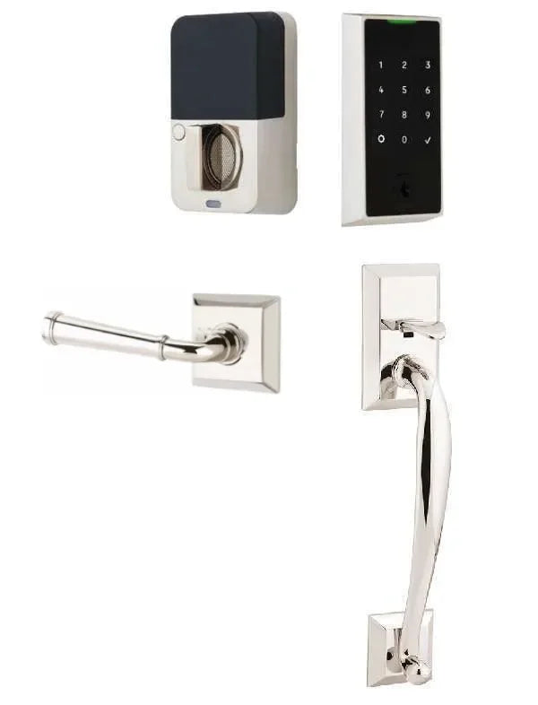 Emtek EMPowered 2 Touch Entry Set with Franklin Grip and Merrimack Lever Lifetime Polished Nickel