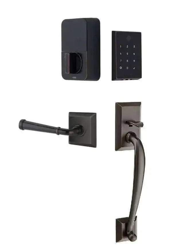 Emtek EMPowered 2 Touch Entry Set with Franklin Grip and Merrimack Lever in Oil Rubbed Bronze finish