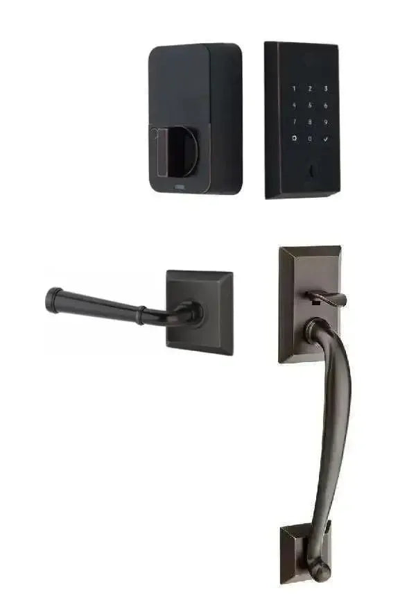 Emtek EMPowered 2 Touch Entry Set with Franklin Grip and Merrimack Lever in Oil Rubbed Bronze finish