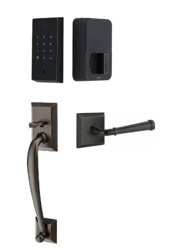 Emtek EMPowered 2 Touch Entry Set with Franklin Grip and Merrimack Lever in Oil Rubbed Bronze finish