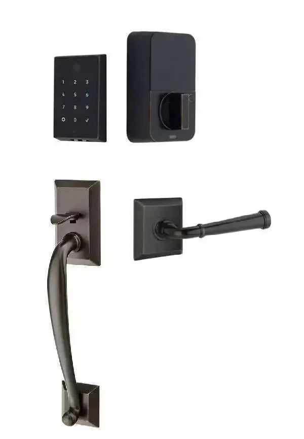 Emtek EMPowered 2 Touch Entry Set with Franklin Grip and Merrimack Lever in Oil Rubbed Bronze finish