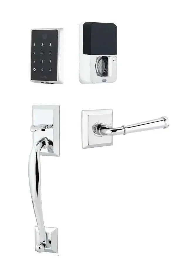 Emtek EMPowered 2 Touch Entry Set with Franklin Grip and Merrimack Lever in Polished Chrome finish