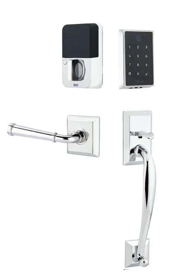 Emtek EMPowered 2 Touch Entry Set with Franklin Grip and Merrimack Lever Polished Chrome