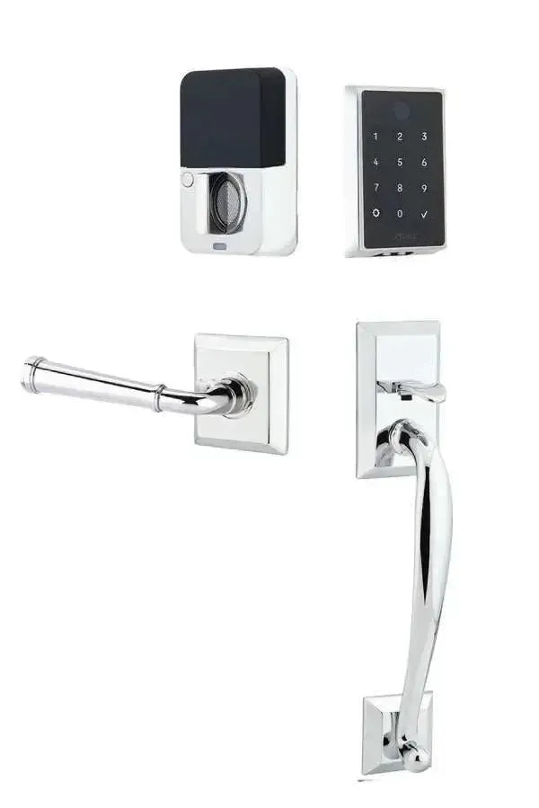 Emtek EMPowered 2 Touch Entry Set with Franklin Grip and Merrimack Lever in Polished Chrome finish