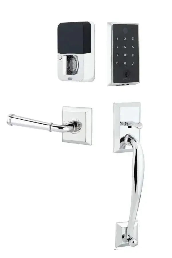 Emtek EMPowered 2 Touch Entry Set with Franklin Grip and Merrimack Lever in Polished Chrome finish