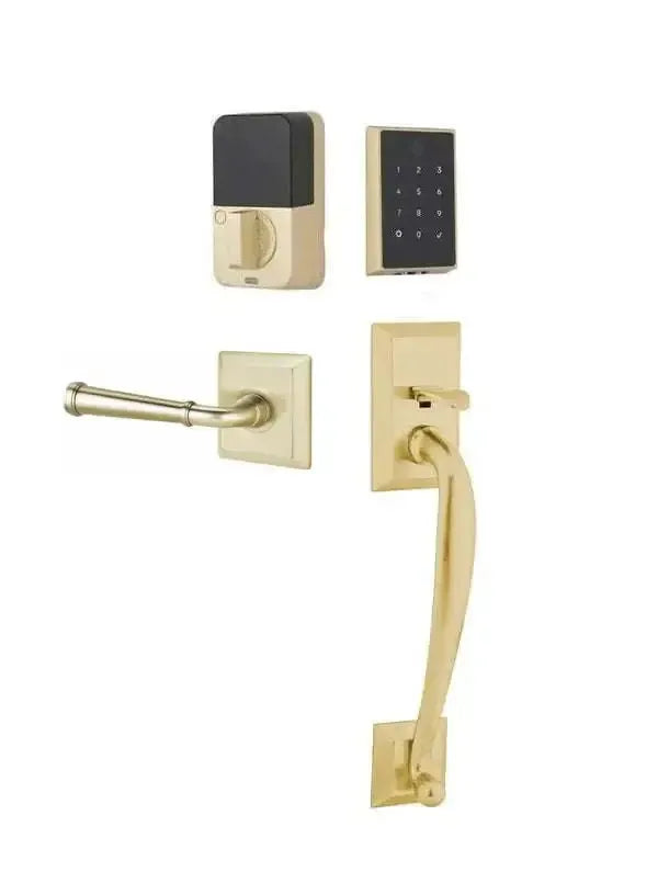 Emtek EMPowered 2 Touch Entry Set with Franklin Grip and Merrimack Lever in Satin Brass finish