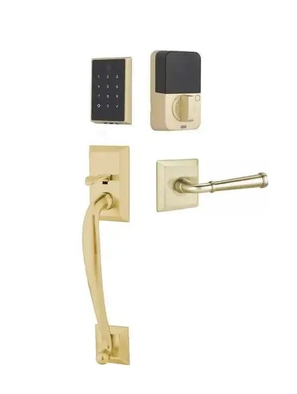 Emtek EMPowered 2 Touch Entry Set with Franklin Grip and Merrimack Lever in Satin Brass finish