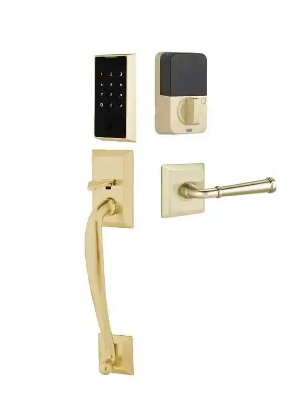 Emtek EMPowered 2 Touch Entry Set with Franklin Grip and Merrimack Lever in Satin Brass finish