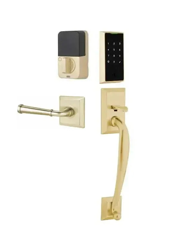 Emtek EMPowered 2 Touch Entry Set with Franklin Grip and Merrimack Lever in Satin Brass finish