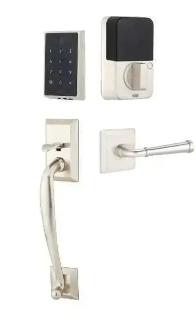 Emtek EMPowered 2 Touch Entry Set with Franklin Grip and Merrimack Lever in Satin Nickel finish