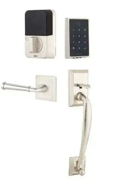 Emtek EMPowered 2 Touch Entry Set with Franklin Grip and Merrimack Lever in Satin Nickel finish