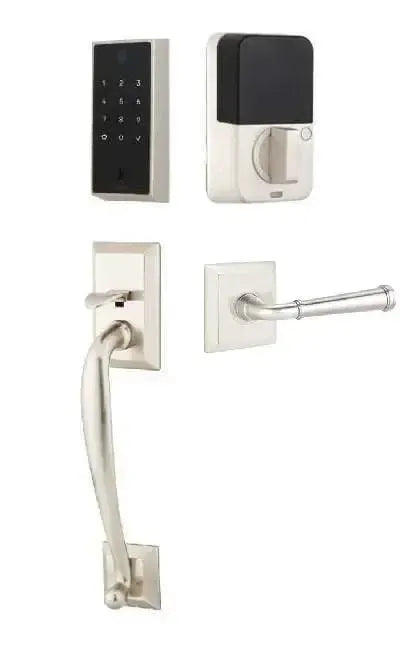 Emtek EMPowered 2 Touch Entry Set with Franklin Grip and Merrimack Lever in Satin Nickel finish