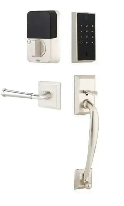 Emtek EMPowered 2 Touch Entry Set with Franklin Grip and Merrimack Lever in Satin Nickel finish