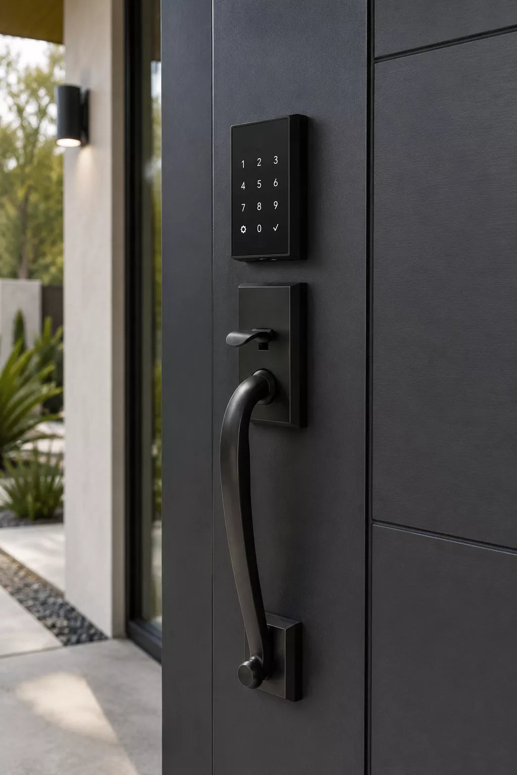 Emtek EMPowered 2 Touch Entry Set with Franklin Grip and Merrimack Lever in finish